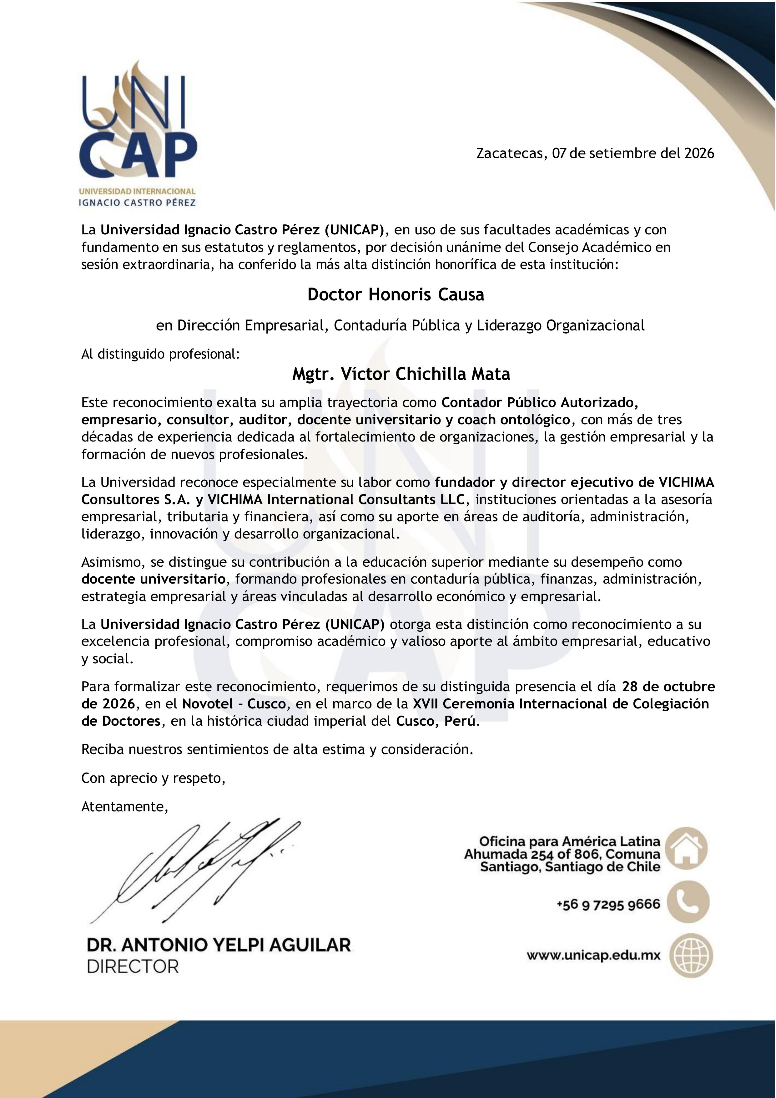 Título Doctor Honoris Causa en Dirección Empresarial, Contaduría Pública y Liderazgo Organizacional